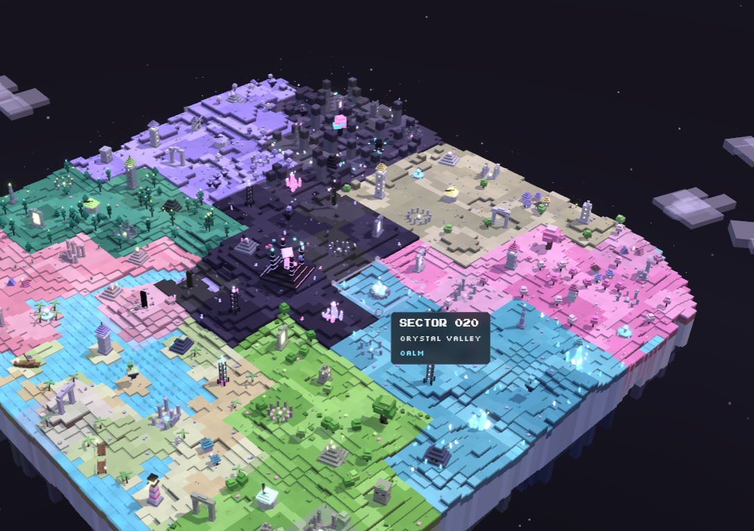 The original Pixemaps reference: one continuous square voxel world divided into lavender, jade, black, sand, pink, cyan and green sectors, with small geometric monuments and glowing crystals.